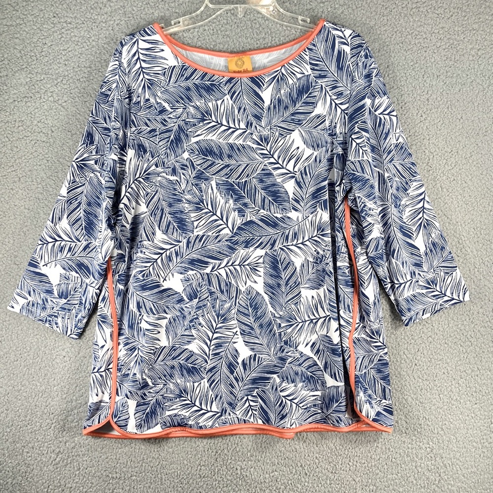 Ruby Rd. Women's 3/4 Sleeve Top Blue White Leaf Print Stretch Size XL